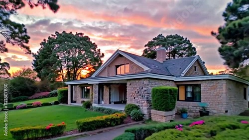 Wallpaper Mural A modern stone house with a beautifully landscaped yard, set against a vibrant sunset sky, showcasing sleek architecture and the warm glow of evening light on the natural stone exterior. Torontodigital.ca