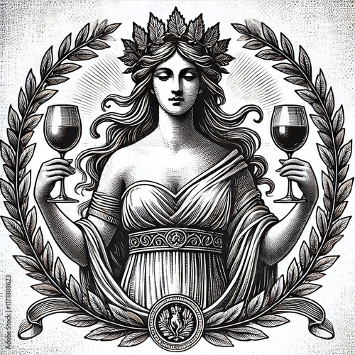 Classical goddess figure with a laurel crown, holding two wine glasses, mythological symbolism in vintage style sketch. Black and white image.Generative AI.