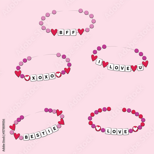 Valentine Friendship Bracelet Illustration. Valentine's Day themed bracelets. Vector set of love and best friend design set. 