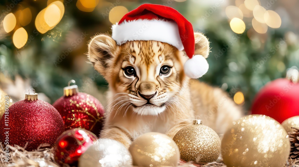 Adorable lion cub wearing Santa hat amidst Christmas ornaments. (3) Adorable lion cub wearing Santa hat amidst Christmas ornaments. (3)