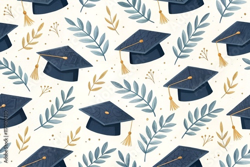 Seamless Graduation Cap Pattern on White Background 