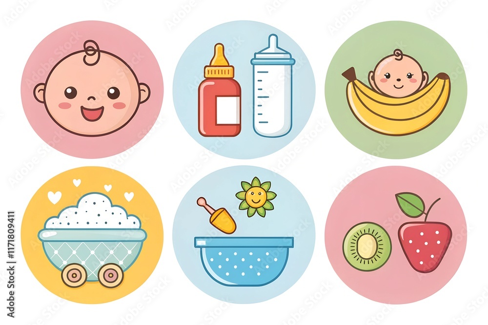 Fototapeta premium Set of cute baby nutrition and care icons