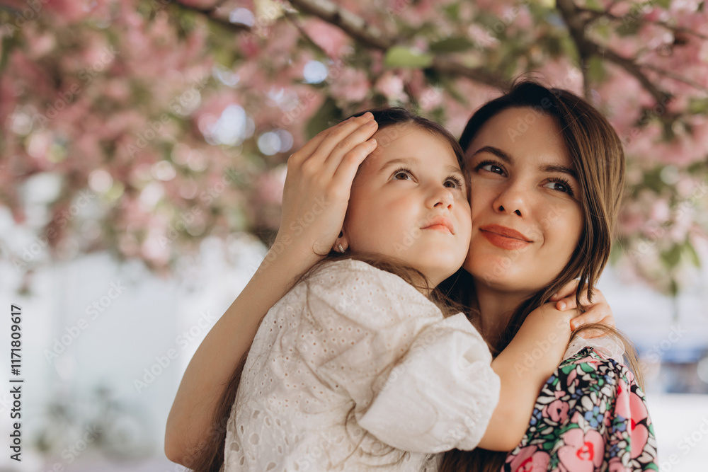 Mother and daughter hugging under blooming cherry tree Mother and daughter hugging under blooming cherry tree