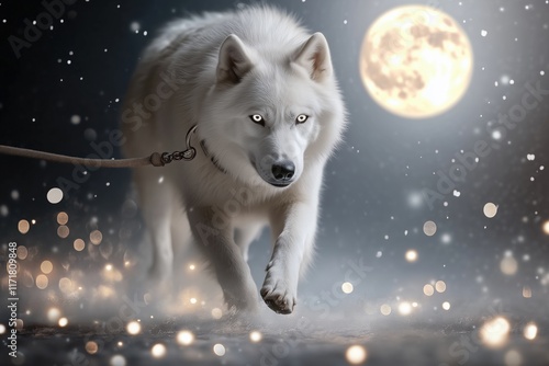 White wolf walking in snow under a full moon with glowing bokeh lights. mystery and wilderness photo