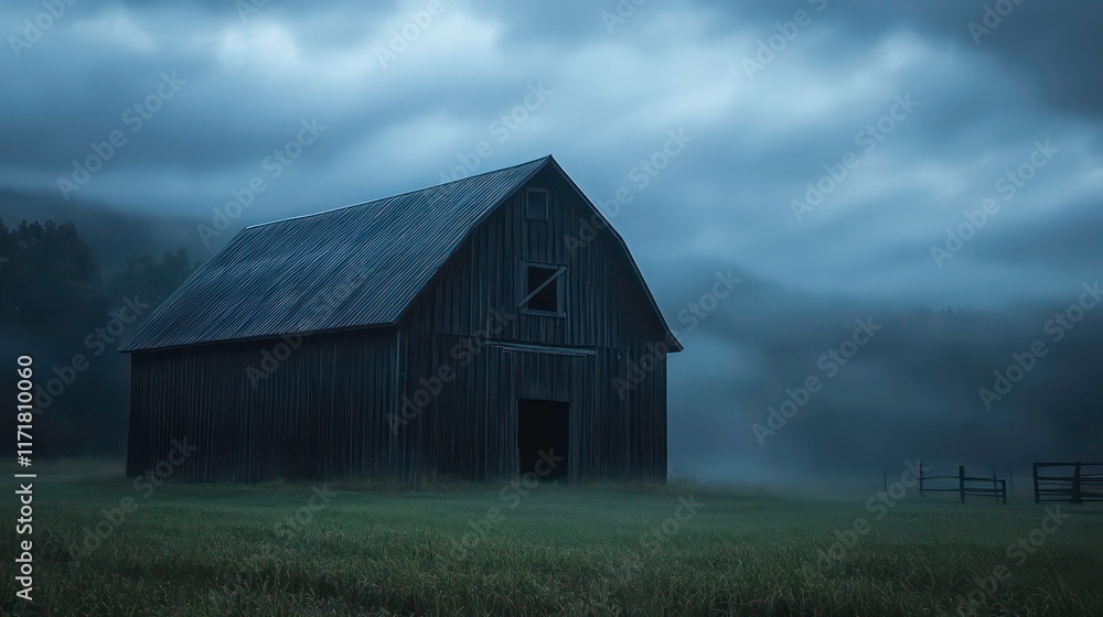 Old wooden barn in a foggy field at dawn. Old wooden barn in a foggy field at dawn.