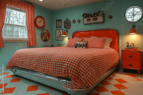 Retro Diner Themed Bedroom With Red And White Gingham Bedding