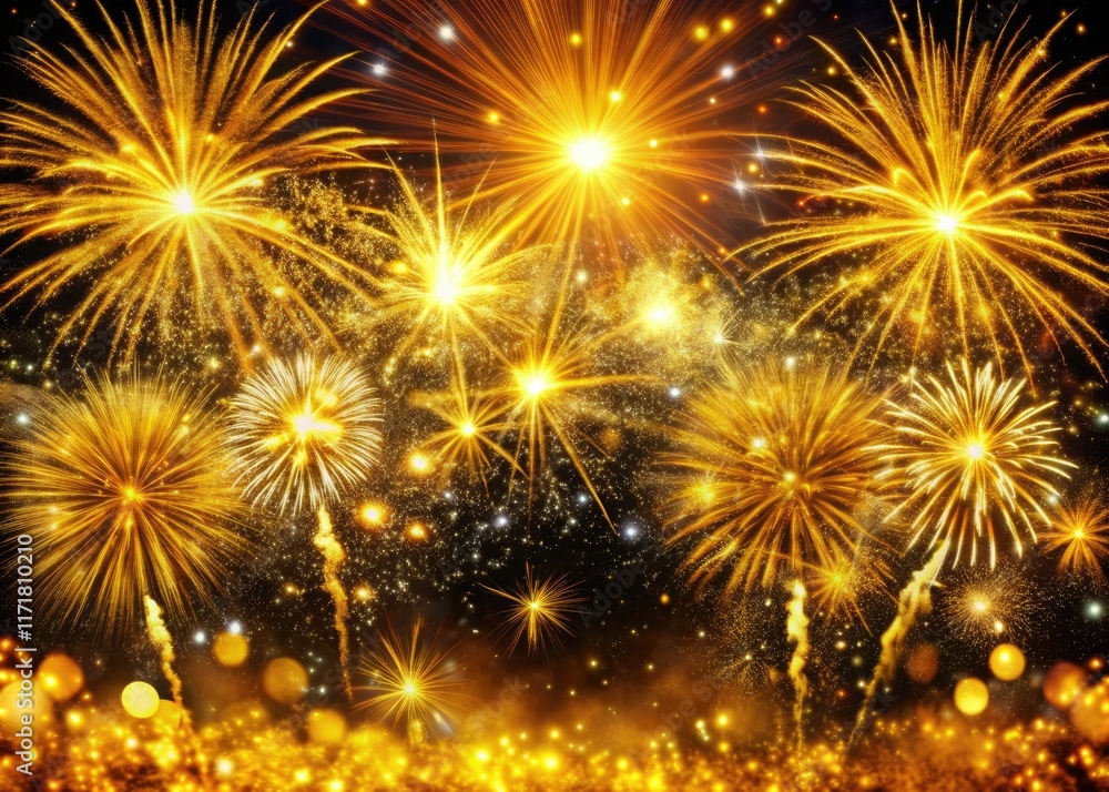 Fototapeta premium Celebrate New Year's Eve with breathtaking 4K footage of golden fireworks sparkling brilliantly.