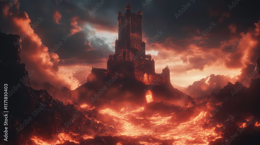 Fototapeta premium Fiery volcanic landscape with dark castle.