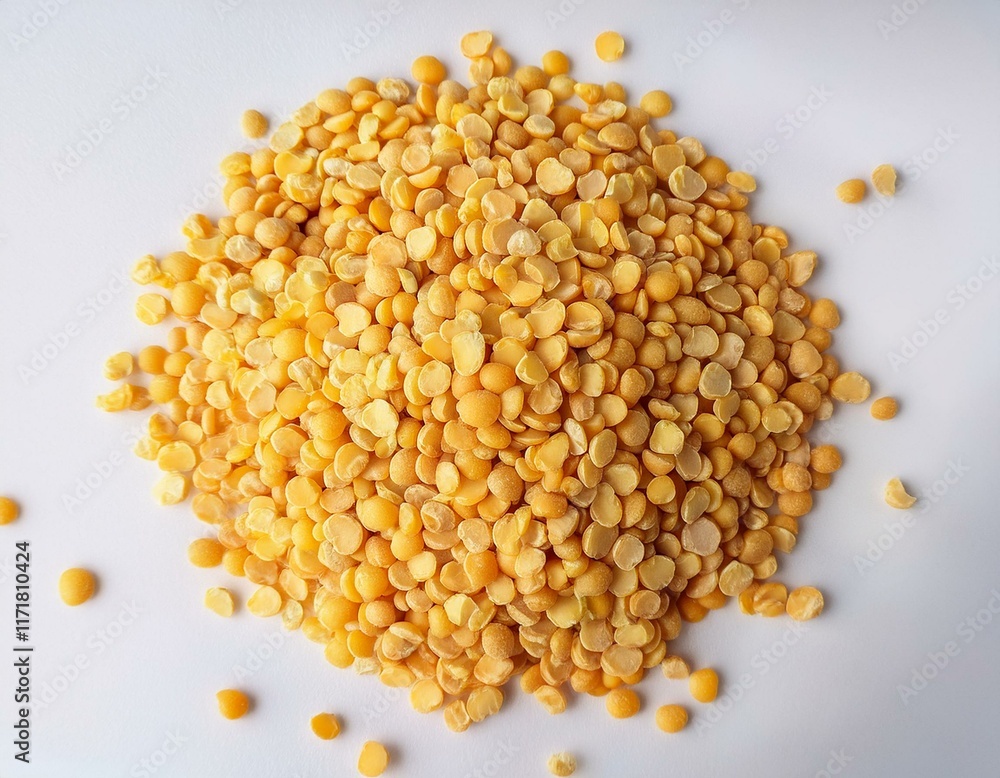 top view of a pile of yellow split mung dal lentils on a white surface with ample copy space image top view of a pile of yellow split mung dal lentils on a white surface with ample copy space image