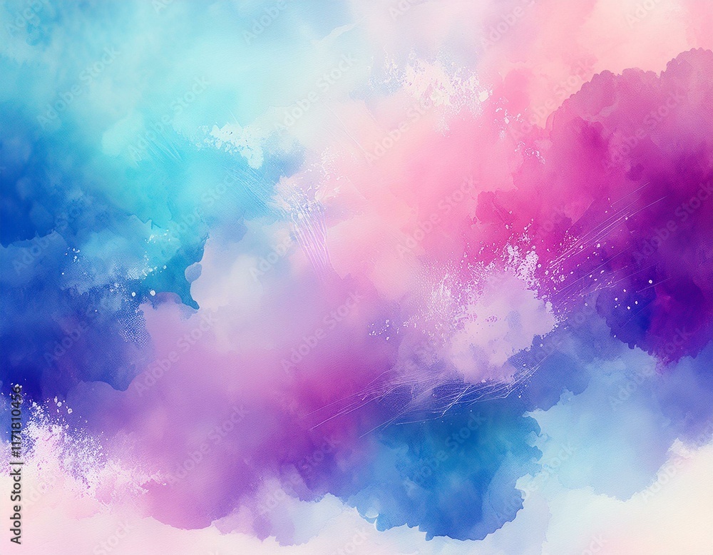 Naklejka premium watercolor background in blue pink and purple colors soft pastel color splash and blotches with fringe bleed painting in abstract clouds shapes with paper texture
