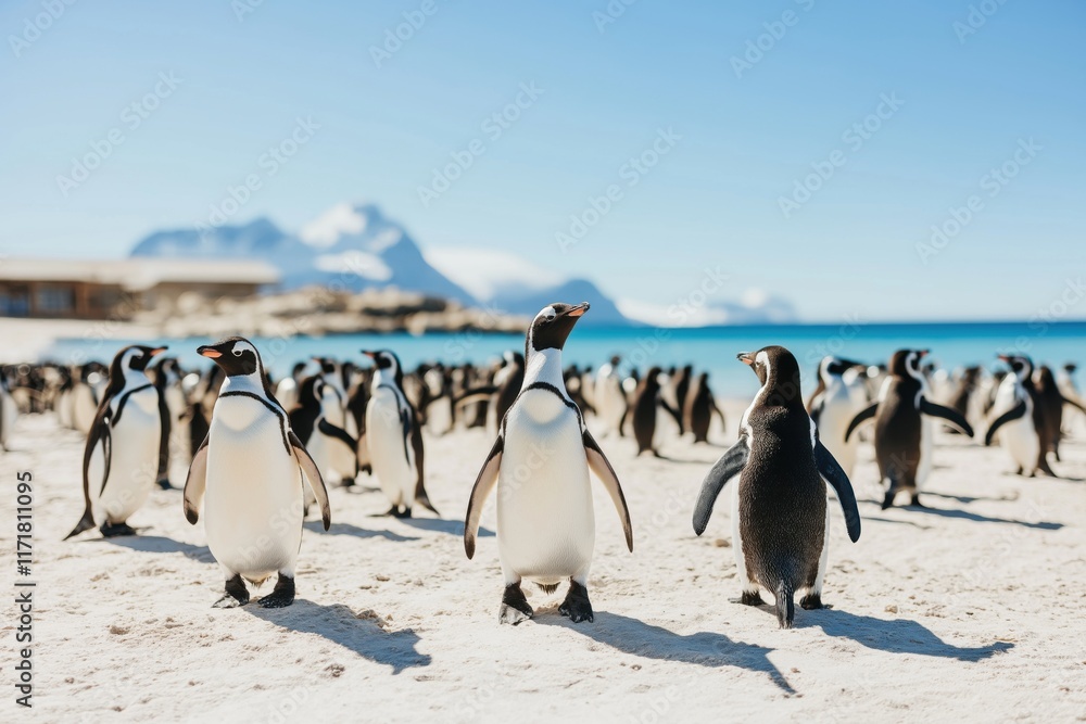 Obraz premium Large group of penguins walking on snowy Antarctic hill near polar ocean and mountain range