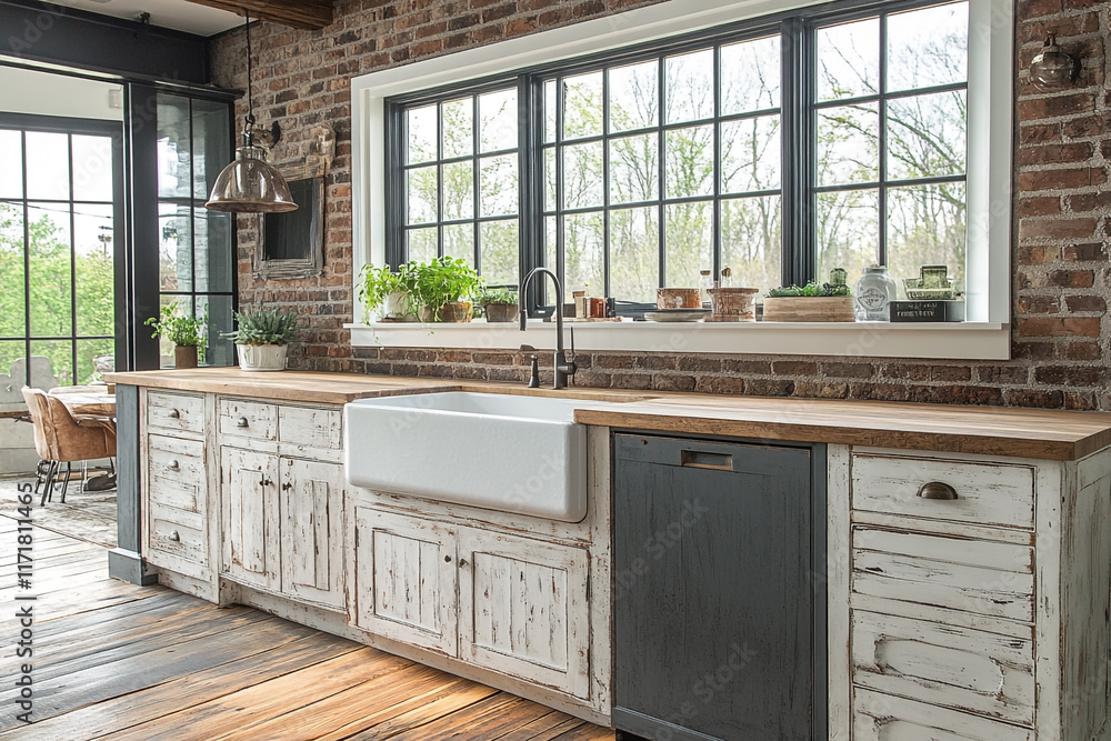 Fototapeta premium Rustic Farmhouse Kitchen With White Cabinets And Wood Countertops