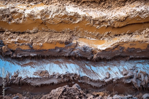 Exploration of rare earth , raw clay texture revealing layers of earth in intricate chaos photo