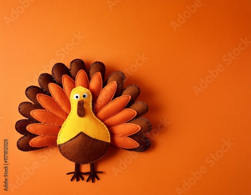 orange brown and yellow crafted felt turkey laying flat on an orange background with copy space photo