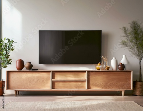 wooden tv cabinet in a scandinavian decor living room front view photo