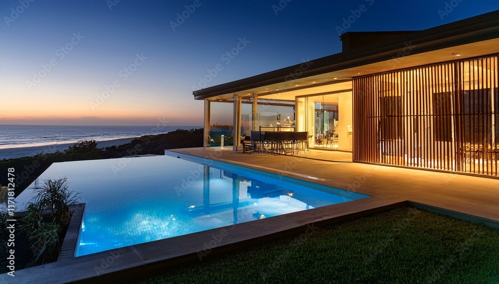 illuminated luxury home showcase exterior and infinity lap pool with ocean view illuminated luxury home showcase exterior and infinity lap pool with ocean view