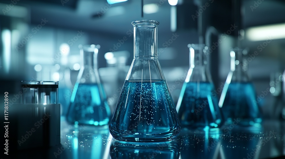 Blue Liquid in Erlenmeyer Flasks