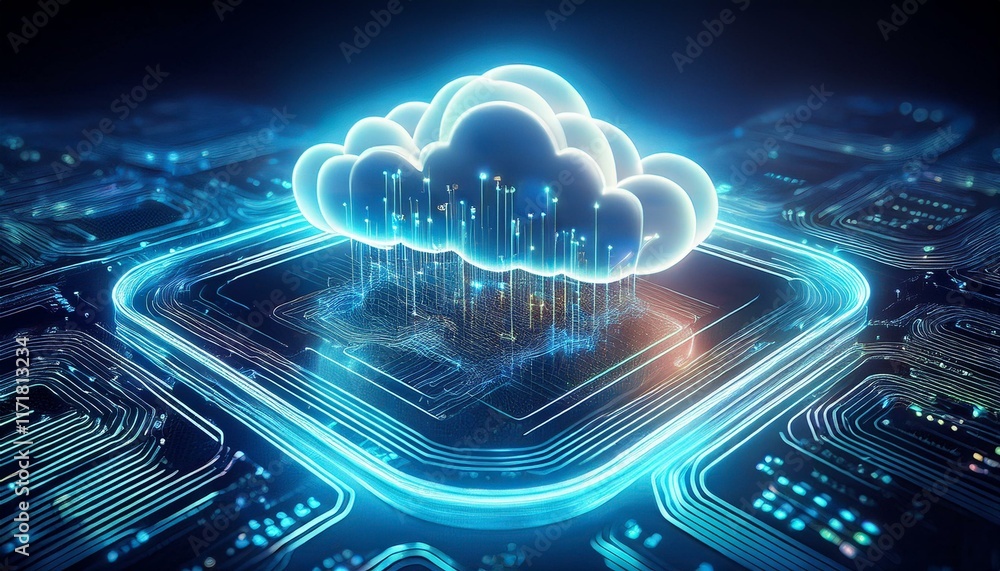 digital cloud glowing on a dark circuit board is processing data in a visualization of cloud computing digital cloud glowing on a dark circuit board is processing data in a visualization of cloud computing