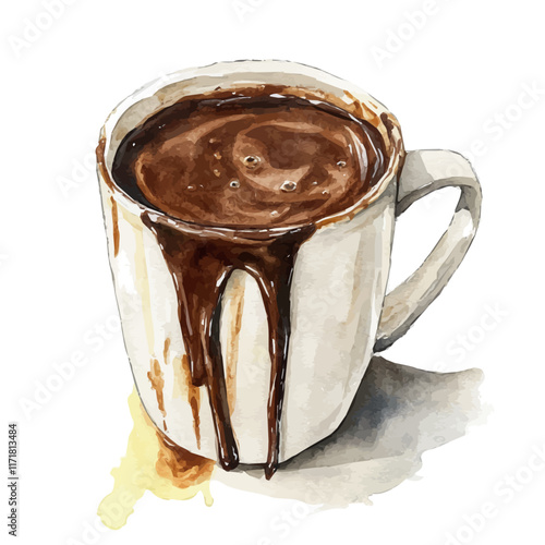 A watercolor vector painting of a rich cup of Nutella hot chocolate, isolated on a white background. Nutella Hot Chocolate vector.

