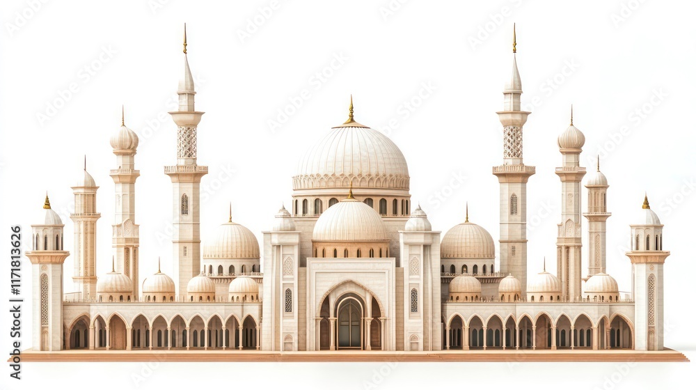 Obraz premium A grand, white mosque with multiple domes, minarets, and intricate details, isolated on a white background.