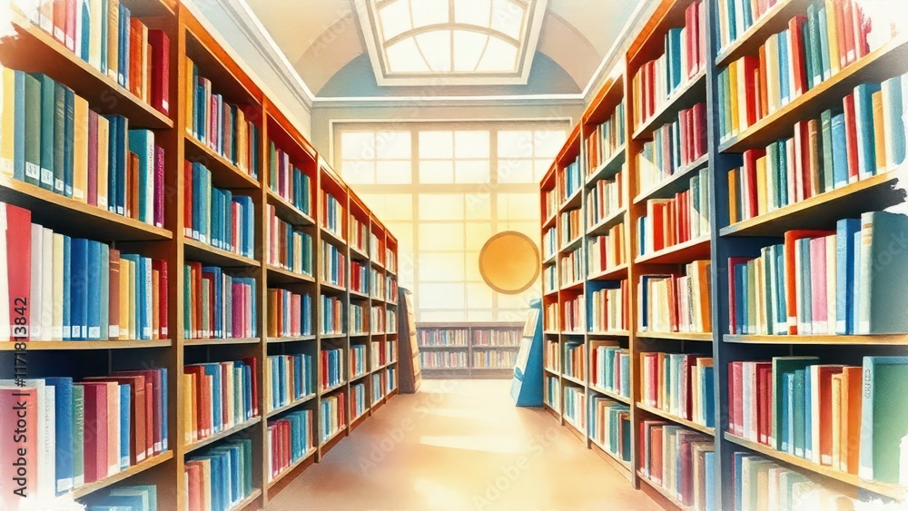 A long row of books on shelves in a library A long row of books on shelves in a library