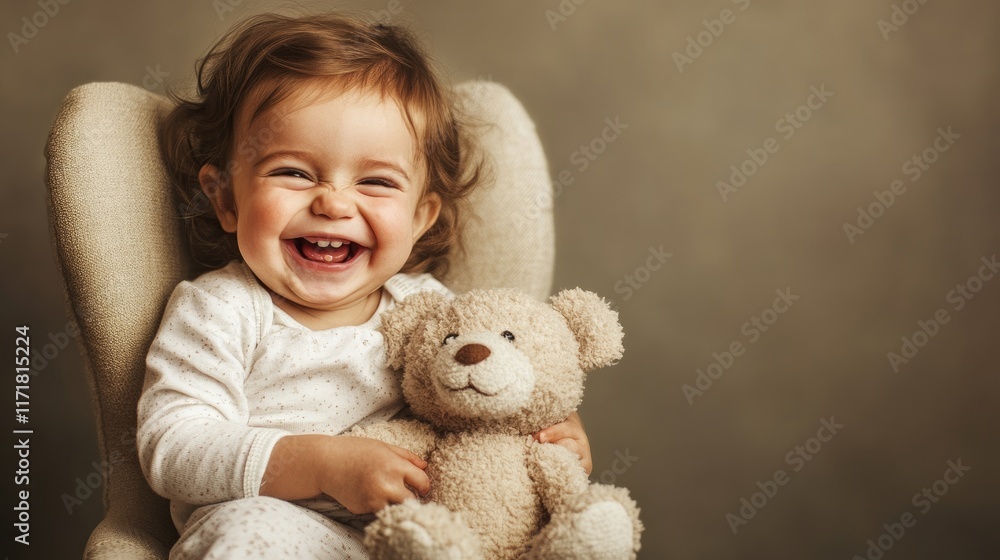 Joyful Portrait of a Laughing Toddler Girl with a Cuddly Toy, Radiating Happiness and Positive Emotions Joyful Portrait of a Laughing Toddler Girl with a Cuddly Toy, Radiating Happiness and Positive Emotions