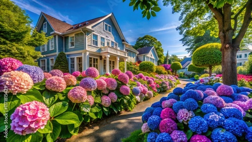 Chautauqua's hydrangeas: vibrant summer blooms grace charming homes. photo