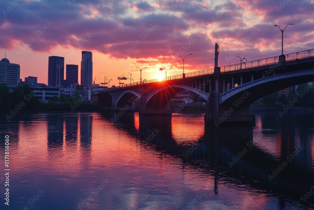 Stunning Bridge Over River at Sunrise: Urban Skyline Reflected in Calm Waters Stunning Bridge Over River at Sunrise: Urban Skyline Reflected in Calm Waters
