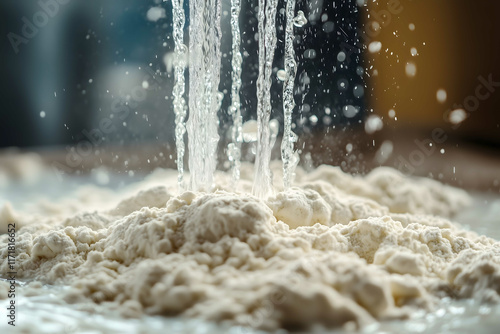 Closeup of water poured into flour