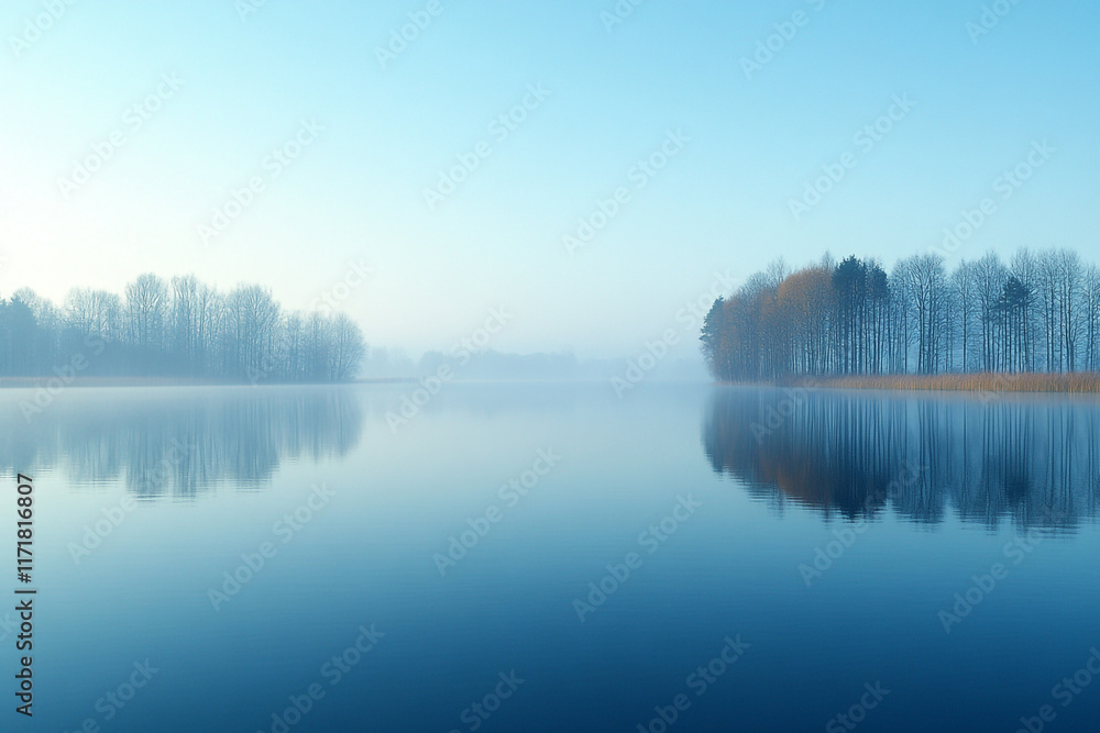 Serene Winter Lake with Misty Trees Reflected Serene Winter Lake with Misty Trees Reflected