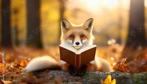 cute fox reading a book in the autumn forest