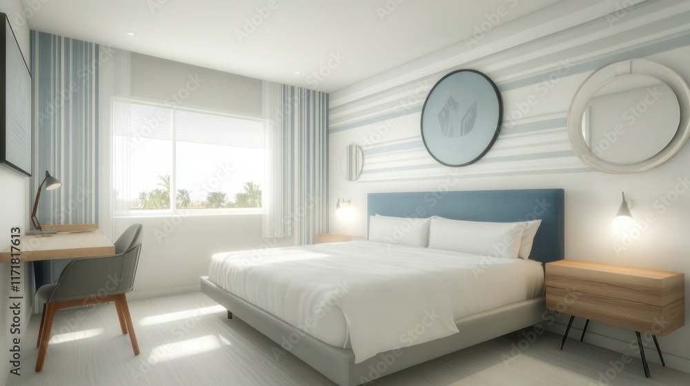 Fototapeta premium Modern hotel room, sunny, coastal view, minimalist decor, vacation rental