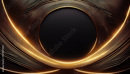 abstract minimal luxury background with golden glowing curved lines frame on black empty space for text edit and decoration