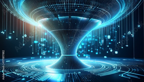 data technology featuring an information funnel concept that illustrates the flow and processing of vast amounts of data into actionable insights
