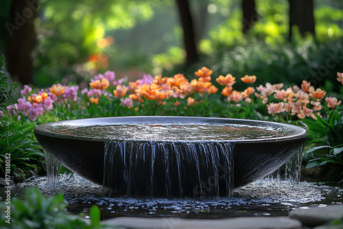 Serene garden fountain cascading water over flowers