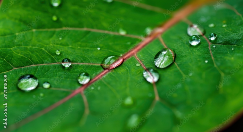 A close-up of a leaf with prominent water droplets, highlighting its intricate vein structure. A close-up of a leaf with prominent water droplets, highlighting its intricate vein structure.