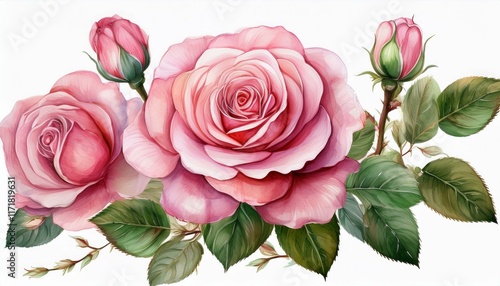 watercolor pink rose flower clipart illustration and rose floral branch with green leaves on white background