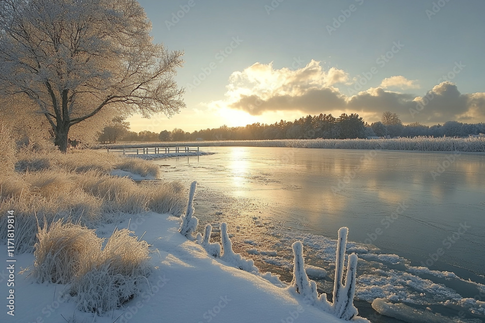 Fototapeta premium Frosty Winter Sunrise Over Frozen River And Trees