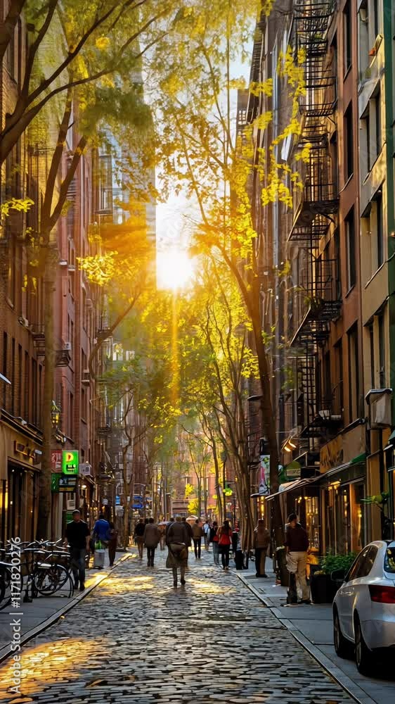 People Stroll Through a Charming Cobblestone Street as Sunlight Filters Through Trees in an Urban Neighborhood People Stroll Through a Charming Cobblestone Street as Sunlight Filters Through Trees in an Urban Neighborhood