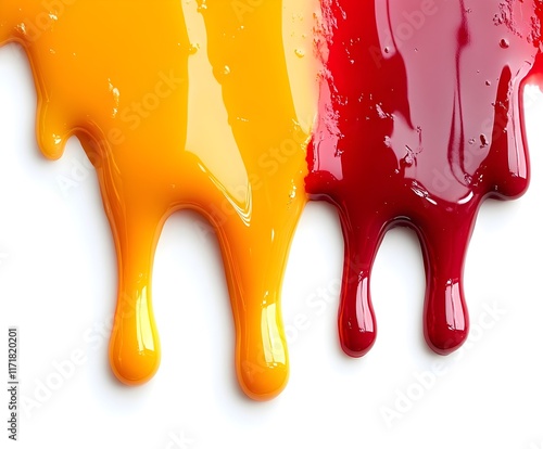 Dripping liquid orange and red on a white background photo