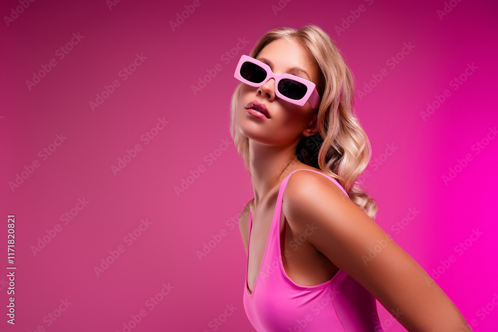 Photo of attractive young woman posing model summer vacation wear bodysuit isolated pink color background Photo of attractive young woman posing model summer vacation wear bodysuit isolated pink color background