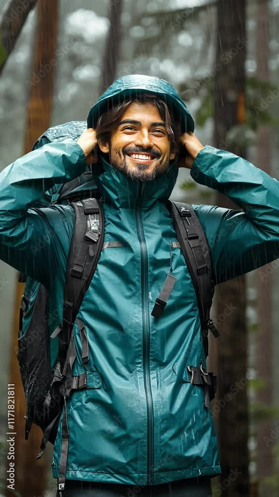 Smiling Hiker in Rain Gear Prepares for Adventure in Lush Forest Setting Smiling Hiker in Rain Gear Prepares for Adventure in Lush Forest Setting