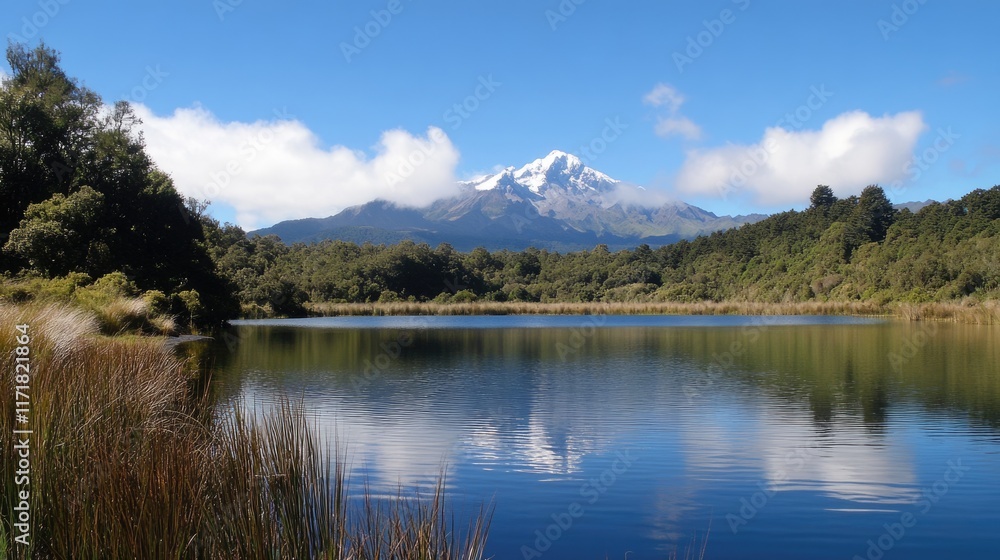 Serene Mirror Lake Reflecting Mount Taranaki: A Captivating Landscape of Water, Blue Sky, and Snow-Capped Peaks in New Zealand Serene Mirror Lake Reflecting Mount Taranaki: A Captivating Landscape of Water, Blue Sky, and Snow-Capped Peaks in New Zealand
