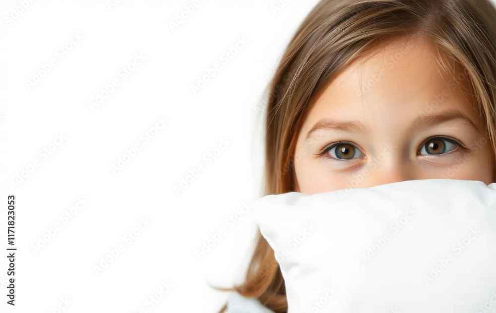 A joyfull girl with pillow, white background, copy space. Pillow fight concept. Bedtime concept. A joyfull girl with pillow, white background, copy space. Pillow fight concept. Bedtime concept.