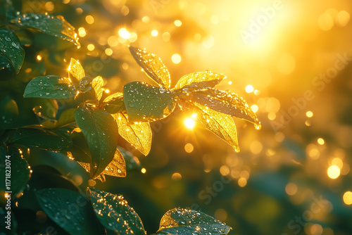 Wallpaper Mural Golden Sunlight Illuminates Dewy Green Leaves Torontodigital.ca