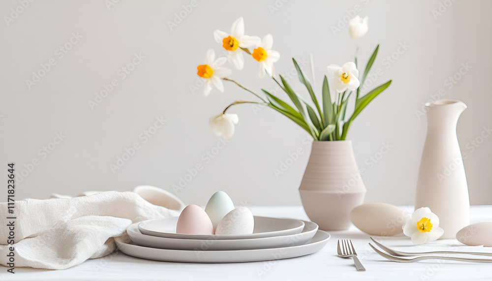 White wooden table with white plate and bowl, pastel colored Easter eggs, fresh garden flowers and brown paper wrapped gift, living room decor White wooden table with white plate and bowl, pastel colored Easter eggs, fresh garden flowers and brown paper wrapped gift, living room decor
