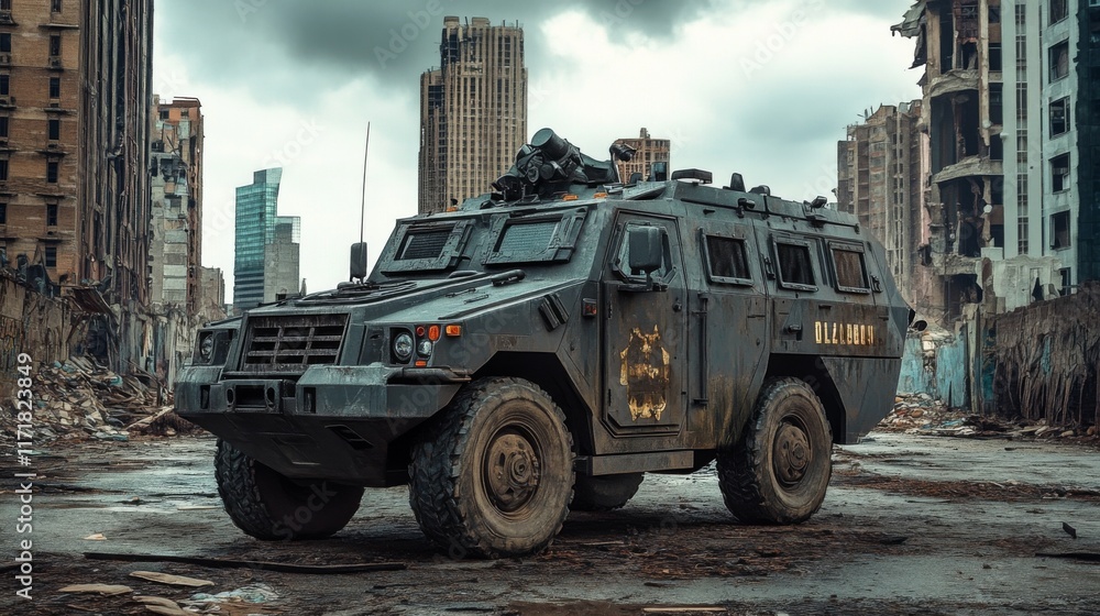 Fototapeta premium Armored vehicle in a post-apocalyptic city.