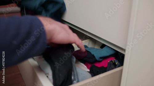 The man's hand in the frame is trying to find something, adding even more confusion. The atmosphere emphasizes disorganization and everyday difficulties. Image concept: household chaos, storage clutte