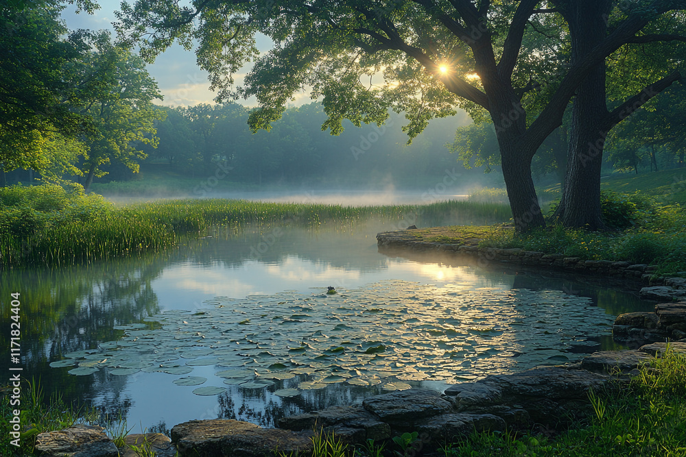 Fototapeta premium Serene Sunrise Over Misty Pond Lily Padded Waters