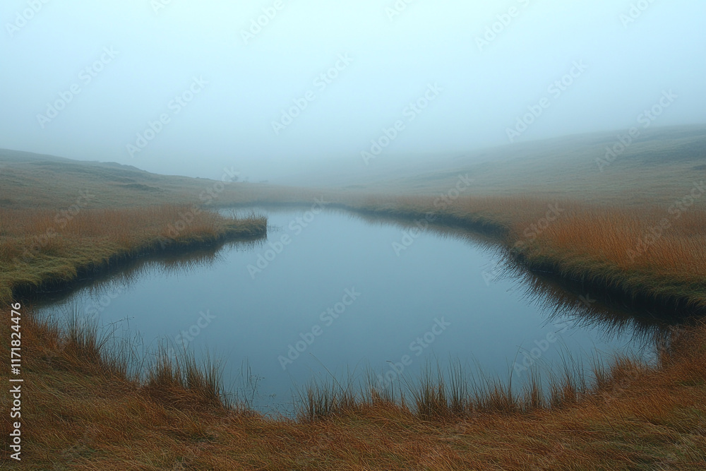 Serene Mist Shrouded Still Pond In Grassland Serene Mist Shrouded Still Pond In Grassland